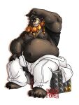  2022 absurd_res anthro belly ben_(zenless_zone_zero) big_belly bottomwear briarsthorne clothing hi_res male mammal mihoyo moobs nipples overweight overweight_male pants scar sitting solo ursid zenless_zone_zero 