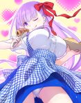  1girl apron bangs bb_(fate) blouse bread breasts eyebrows_hidden_by_hair fate/grand_order fate_(series) food hair_ribbon holding holding_food holding_plate large_breasts long_hair looking_at_viewer looking_down mori_marimo one_eye_closed plate purple_eyes purple_hair ribbon school_uniform shirt skirt smile solo underwear waitress 