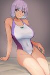  1girl breasts competition_swimsuit covered_navel cowboy_shot gradient gradient_background gridman_universe highres large_breasts light_purple_hair looking_at_viewer multicolored_clothes multicolored_swimsuit one-piece_swimsuit red_eyes shinjou_akane short_hair sitting solo ssss.gridman swimsuit white_one-piece_swimsuit yoo_tenchi 
