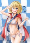  1girl ? ?? anti_(untea9) bikini blonde_hair blue_eyes braid breasts cape checkered_background cleavage colorado_(kancolle) commentary_request cowboy_shot embarrassed highres kantai_collection large_breasts red_cape sash short_hair side-tie_bikini_bottom side_braids solo standing swimsuit tiara translation_request v white_bikini 