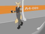  absurd_res anthro beverage big_ears blue_eyes boots canid canine clothing coffee covering equipment female fennec focused footwear fox fur gear hallway hi_res jumpsuit malachyte mammal matthews(razumi) military solo spacecraft standing tablet tan_body tan_fur vehicle walking whiskers working 