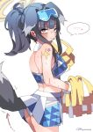  1girl animal_ears ass black_hair blue_archive blush bright_pupils cheerleader commentary dog_ears dog_girl dog_tail eyewear_on_head grey_eyes halo hibiki_(blue_archive) hibiki_(cheerleader)_(blue_archive) highres koyansuee pleated_skirt pom_pom_(cheerleading) ponytail skirt solo speech_bubble star_(symbol) sticker_on_arm symbol-only_commentary tail white_pupils 