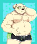  2022 anthro belly big_belly blush bulge clothing cocochu_samo eyewear glasses hi_res humanoid_hands kemono leib_(tas) lifewonders male mammal moobs nipples one_eye_closed overweight overweight_male polar_bear solo tokyo_afterschool_summoners underwear ursid ursine video_games 