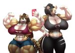  anthro big_breasts breasts cellphone cleavage clothed clothing duo felid female hi_res holding_cellphone holding_object holding_phone mammal muscular muscular_female pantherine phone razzberryboat 