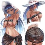  1girl alternate_hair_length alternate_hairstyle areola_slip ass bikini black_bikini blue_hair breasts cleavage covered_nipples doremy_sweet groin haruno_(kuromitugozen) highres large_breasts long_hair multiple_views navel open_mouth parted_lips sarong signature simple_background smile swimsuit tail tapir_tail touhou wet white_background white_headwear 