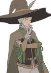  1boy closed_eyes elden_ring gloves hand_on_own_chin hat highres kero_1110 male_focus solo sorcerer_rogier white_background witch_hat 