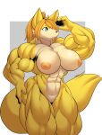  absurd_res anthro big_breasts blonde_hair breasts canid canine featureless_crotch female fur hair hi_res mammal muscular muscular_female nipples nude razzberryboat solo yellow_body yellow_fur 