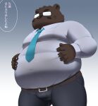  2022 absurd_res anthro belly big_belly bottomwear brown_body bulge clothing dialogue eyewear glasses hi_res humanoid_hands japanese_text kemono male mammal necktie overweight overweight_male pants penta002 shirt solo text topwear ursid 