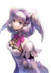  1girl artist_request blue_eyes braid breasts crown_braid curly_hair dress head_wings juliet_sleeves long_hair long_sleeves looking_at_viewer magic medium_breasts melia_antiqua o-ring puffy_sleeves short_dress simple_background smile solo staff thighhighs upper_body xenoblade_chronicles:_future_connected xenoblade_chronicles_(series) xenoblade_chronicles_1 