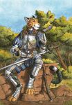  0laffson anthro armor cheetah digitigrade enorach_(0laffson) felid feline hi_res male mammal melee_weapon solo sword traditional_media_(artwork) weapon 