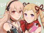  2girls alternate_costume bangs blonde_hair blush bodysuit bow breasts corrin_(fire_emblem) corrin_(fire_emblem)_(female) elise_(fire_emblem) fire_emblem fire_emblem_fates fire_emblem_heroes hair_between_eyes hair_bow hair_ornament hairband highres japanese_clothes long_hair looking_at_viewer multiple_girls ninja official_alternate_costume peach11_01 pointy_ears purple_eyes red_eyes scarf simple_background smile twintails white_hair 