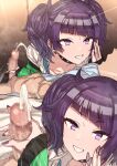  1boy 1girl bangs black_choker blush breasts choker collarbone diagonal_bangs erection erere green_jacket grin handjob idolmaster idolmaster_shiny_colors jacket long_hair long_sleeves medium_breasts multiple_views penis purple_eyes purple_hair short_twintails smile tanaka_mamimi twintails 