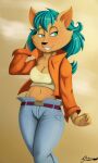  anthro black_nose blue_eyes blue_hair blush bottomwear canid canine clothed clothing female fox g4rron hair hi_res jacket kate_(the_mysteries_of_providence) mammal navel pants smile solo the_mysteries_of_providence topwear 