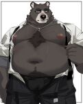  2022 absurd_res anthro belly big_belly black_body bottomwear bulge clothed clothing eyewear glasses hi_res humanoid_hands kemono male mammal moobs navel nipples omochi_kuitai open_clothing open_shirt open_topwear overweight overweight_male pants shirt simple_background solo topwear underwear ursid 