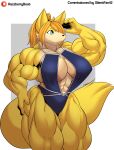  absurd_res anthro big_breasts blonde_hair breasts canid canine clothing female fur hair hi_res mammal muscular muscular_female razzberryboat solo swimwear yellow_body yellow_fur 