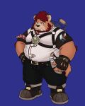  2022 anthro beard belly black_nose bottomwear clothing cute_fangs facial_hair hi_res humanoid_hands kemono male mammal overweight overweight_male pants sangguri_32 shirt simple_background solo topwear ursid 