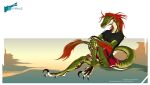  anthro avian bird bottomwear brown_markings clothing costume dinosaur fangs female green_body hair hynvale legwear looking_at_viewer markings melody_(user_55) red_hair reptile scalie shirt simple_background skirt smile solo tail_motion tailwag tan_body thigh_highs topwear yellow_eyes 