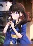  1girl bangs blue_kimono blurry blurry_background blurry_foreground breasts brown_hair commentary depth_of_field hands_up highres holding holding_phone indoors inoue_takina japanese_clothes kimono long_hair looking_afar lycoris_recoil nami_(nyaa) obi parted_lips phone purple_eyes sash short_sleeves sidelocks small_breasts solo swept_bangs symbol-only_commentary twintails 