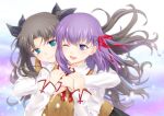  2girls bangs black_hair black_ribbon blue_eyes brown_vest collared_shirt cross_print fate/stay_night fate_(series) hair_ribbon homurahara_academy_school_uniform hug hug_from_behind izumi_natsuka long_hair matou_sakura multiple_girls neck_ribbon one_eye_closed parted_bangs print_ribbon purple_eyes purple_hair red_ribbon ribbon school_uniform shirt siblings sisters smile tohsaka_rin two_side_up vest white_shirt 