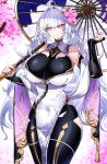 1girl absurdres ahoge bangs bare_shoulders breasts casul dress fate/grand_order fate/prototype fate_(series) highres large_breasts long_hair looking_at_viewer merlin_(fate/prototype) oil-paper_umbrella pelvic_curtain purple_eyes solo thighs umbrella very_long_hair white_dress white_hair 
