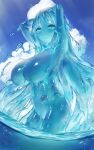  1girl arms_up blue_skin closed_mouth colored_skin core day hekirake highres long_hair monster_girl navel no_nipples nude original outdoors partially_submerged partially_underwater_shot slime_girl smile solo standing very_long_hair water 