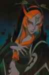  1girl black_robe breasts circlet colored_sclera hand_on_own_chest highres lisa_(mochii_lisa) long_hair looking_to_the_side midna midna_(true) orange_hair purple_lips red_eyes robe the_legend_of_zelda the_legend_of_zelda:_twilight_princess yellow_sclera 