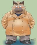  2022 anthro blush bottomwear brown_body canid canine canis clothed clothing domestic_dog kemono male mammal mature_male overweight overweight_male pants simple_background solo toshi_(artist) 
