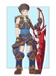  1boy absurdres aegis_sword_(xenoblade) armband armor belt blue_background blue_shirt blue_shorts brown_hair diving_suit ememtrp full_body gauntlets gears gem green_gemstone highres holding holding_sword holding_weapon knee_pads pale_skin rex_(xenoblade) shirt shorts simple_background smile sword weapon xenoblade_chronicles_(series) xenoblade_chronicles_2 yellow_eyes 