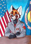  ailurid anthro big_ears charlie_(razumi) clothing dark_body dark_fur flag fur furniture hi_res jumpsuit male mammal nasa orange_body orange_fur patch_(disambiguation) pose red_body red_fur red_panda sitting smile solo table teeth traditional_media_(artwork) uniform us_flag white_body white_fur zwiebelprinz 