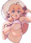  ahoge arm_up bangs bare_shoulders blonde_hair blue_eyes blush breasts character_request copyright_request hat highres lips long_hair looking_at_viewer medium_breasts nipples sho-n-d simple_background sparkle stomach straw_hat upper_body white_background 