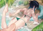  1boy alternate_costume androgynous aqua_eyes ass bangs barefoot beach bikini black_hair blue_hair braid cecilia_flower_(genshin_impact) coconut commentary_request flotation_belt flower genshin_impact gradient_hair green_bikini looking_at_viewer male_focus multicolored_hair ocean ojisan_nyan otoko_no_ko short_hair_with_long_locks solo swimsuit twin_braids venti_(genshin_impact) white_flower 