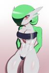  2022 abs annoyed anthro blush breasts buggythis female front_view gardevoir generation_3_pokemon gradient_background hands_behind_back hi_res looking_at_viewer nintendo pink_background pokemon pokemon_(species) red_eyes simple_background solo standing video_games 