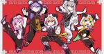  2boys 3girls :3 :o animal_hood animal_print arm_up black_footwear black_pants black_shirt blonde_hair chibi chinese_clothes commentary_request dragon_print drawstring flats green_hair hood jumping kagamine_rin kamishiro_rui kung_fu kusanagi_nene mago multiple_boys multiple_girls official_art one_eye_closed ootori_emu open_mouth panda_hood pants pink_eyes pink_hair pose project_sekai puffy_pants red_background shirt short_hair sleeveless sleeveless_shirt standing standing_on_one_leg tenma_tsukasa tiger_print v-shaped_eyebrows vocaloid white_shirt wonderlands_x_showtime_(project_sekai) wristband yellow_eyes yi_er_fan_club_(vocaloid) 