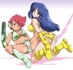  2girls bandana blue_eyes blue_hair boots brown_eyes dirty_pair earrings gloves green_gloves gun holding holding_gun holding_weapon jewelry kei_(dirty_pair) long_hair looking_back multiple_girls ohtado open_mouth red_hair short_hair simple_background single_glove smile take_your_pick weapon white_background yellow_gloves yuri_(dirty_pair) 