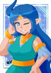  1girl armlet blue_dress blue_eyes blue_hair bracelet dress hand_on_hip hand_on_own_cheek hand_on_own_face highres jewelry long_hair looking_at_viewer nayru necklace one_eye_closed peachfuzz_(peachy) pointy_ears smile solo the_legend_of_zelda the_legend_of_zelda:_oracle_of_ages 