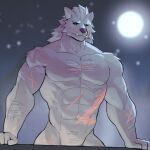  2022 abs anthro biped black_sclera blaidd_(elden_ring) canid canine canis digital_media_(artwork) elden_ring facial_scar fromsoftware full_moon grey_hair hair hi_res jrjresq male mammal moon muscular muscular_anthro muscular_male nude outside pecs purple_eyes scar scars_all_over solo video_games wolf 