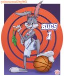  anthro ball basketball_(ball) basketball_uniform buckteeth bugs_bunny carrot clothed clothing feet food fur grey_body grey_fur hi_res lagomorph leporid looking_at_viewer looney_tunes male mammal multicolored_body multicolored_fur open_mouth open_smile plant puggy rabbit smile smiling_at_viewer solo space_jam sportswear teeth two_tone_body two_tone_fur uniform vegetable warner_brothers white_body white_fur 