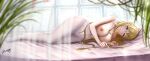  1girl absurdres blonde_hair breasts curtains highres large_breasts long_hair lying navel nipples nori_chazuke on_bed on_side original pantyhose plant purple_eyes tile_wall tiles topless white_pantyhose 