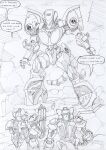  anthro black_and_white bullet canid canine car cloud comic destroyed_building destruction dialogue duo english_text gun gun_arm kitfox-crimson machine male mammal mecha monochrome power_armor profanity ranged_weapon sketch sky text vehicle weapon 