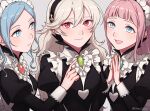  3girls alternate_costume bangs black_dress blue_eyes blue_hair corrin_(fire_emblem) corrin_(fire_emblem)_(female) dress felicia_(fire_emblem) fire_emblem fire_emblem_fates flora_(fire_emblem) grey_hair hair_between_eyes highres long_hair long_sleeves maid maid_headdress multiple_girls own_hands_together peach11_01 pink_hair ponytail red_eyes siblings sisters smile twins twitter_username upper_body wrist_cuffs 