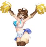  1girl :d ahoge animal_ears animal_hands armpits arms_up bangs barb-tan barbariank bare_arms bare_shoulders bear_ears bear_girl blonde_hair blue_archive breasts brown_hair character_name cheerleader cleavage clothes_writing commentary cosplay cowboy_shot crop_top cropped_legs english_commentary fur hair_between_eyes hibiki_(cheerleader)_(blue_archive) hibiki_(cheerleader)_(blue_archive)_(cosplay) highres large_breasts looking_at_viewer midriff motion_lines multicolored_hair open_mouth original pleated_skirt pom_pom_(cheerleading) short_hair simple_background skirt smile solo streaked_hair tail two-tone_hair v-shaped_eyebrows white_background 