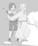  2boys aged_down book commentary d_hunter_of_the_dead elden_ring fire greyscale kero_1110 male_focus monochrome multiple_boys ponytail sorcerer_rogier staff torch 