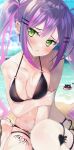  1girl arm_under_breasts artist_name barefoot beach between_legs bibi_(tokoyami_towa) bikini black_bikini blurry blush breasts cleavage closed_mouth collarbone contrapposto demon_girl demon_tail depth_of_field ear_piercing frown green_eyes hair_between_eyes hair_ornament hairclip halterneck hand_between_legs head_tilt highres hololive innertube leg_tattoo long_hair looking_at_viewer medium_breasts mizuno_kurage multi-strapped_bikini multicolored_hair multicolored_nails multiple_piercings navel navel_piercing o-ring o-ring_bikini ocean piercing pointy_ears purple_hair sidelocks sitting soles solo spiked_ear_piercing stomach streaked_hair swimsuit tail tail_ornament tail_piercing tattoo tokoyami_towa twintails very_long_hair virtual_youtuber water wet 