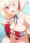  bangs blonde_hair bob_cut breasts cleavage hair_ribbon highres joy_ride large_breasts looking_at_viewer lycoris_recoil nishikigi_chisato one_eye_closed open_mouth red_eyes ribbon smile 