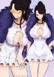  1girl artist_name black_hair blue_eyes breasts cleavage dress fingernails frilled_dress frills fur_trim glasses highres jewelry large_breasts nail_polish necklace nico_robin one_piece one_piece_film_gold patreon_username ponytail signature solo sunglasses vialnite white_dress 