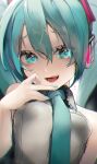  1girl :d aqua_eyes aqua_hair aqua_necktie armpit_crease bare_shoulders black_sleeves blurry blurry_background breasts commentary detached_sleeves furrowed_brow grey_shirt hair_ornament hands_up hatsune_miku headphones heart heart_in_eye long_hair looking_at_viewer necktie open_mouth rsk_(tbhono) shirt sleeveless sleeveless_shirt small_breasts smile solo symbol-only_commentary symbol_in_eye tongue tongue_out translated twintails upper_body vocaloid 