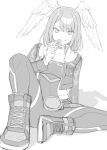  1girl bangs black_bodysuit black_choker black_jacket bodysuit breast_tattoo breasts choker cleavage eunie_(xenoblade) flower head_wings highres hood jacket kinagi_(3307377) large_breasts long_hair looking_at_viewer medium_hair monochrome open_clothes open_jacket smile solo tattoo wings xenoblade_chronicles_(series) xenoblade_chronicles_3 