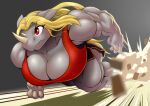  absurd_res anthro blonde_hair bottomwear breasts cleavage clothed clothing female hair hi_res mammal muscular muscular_female razzberryboat red_eyes rhinocerotoid shorts solo 