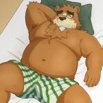  2022 anthro band-aid bandage bed belly big_belly blush clothing eyes_closed eyewear furniture glasses hi_res humanoid_hands kemono lifewonders lying male mammal navel overweight overweight_male pillow solo tokyo_afterschool_summoners underwear ursid video_games volos yaki_atsuage 
