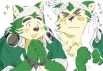  &lt;3 anthro bandanna blush canid canine canis domestic_dog embarrassed eyebrows fluffy fur green_body green_fur headphones headphones_around_neck hi_res kerchief lifewonders live-a-hero male mammal mokdai petting sparkles thick_eyebrows touuuda video_games ⁹ 